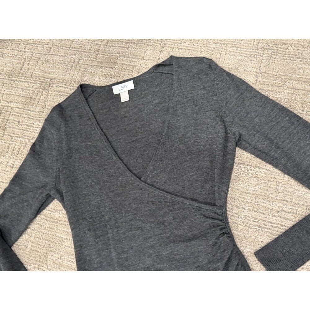 ANN TAYLOR LOFT WOOL BLEND SWEATER WRAP DRESS S LONG SLEEVE PULLOVER GREY EUC - Picture 3 of 5
